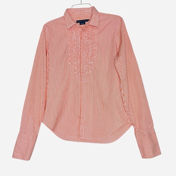 Ralph Lauren Ruffle Shirt Women Sz 14 Button UP Long Sleeve Orange White Striped - Picture 1 of 9
